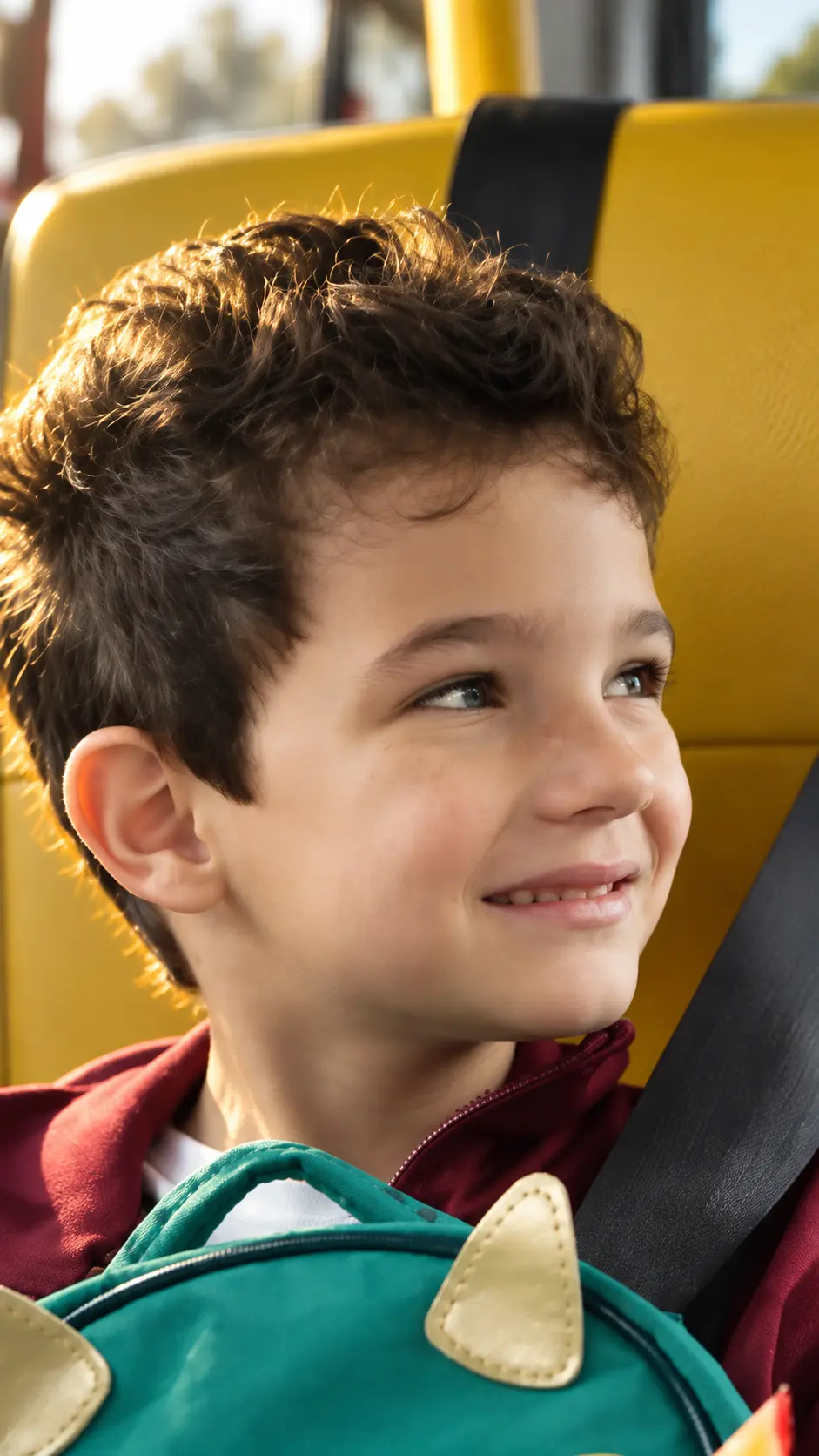 Aluno dentro do transporte escolar